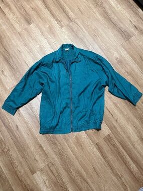 Vintage Fuda International Silk Jacket Green Zip Lightweight Shoulder Pads L